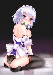 Rule 34 | 1girl, ass, back, blush, bow, bra, braid, breast hold, breasts, dress, female focus, highres, interstellar, izayoi sakuya, lace, lace-trimmed legwear, lace-trimmed panties, lace trim, large bow, legs, light purple hair, lingerie, looking back, maid, maid headdress, md5 mismatch, off shoulder, panties, purple eyes, resolution mismatch, seductive smile, seiza, sitting, smile, solo, source smaller, strap slip, thighhighs, topless, touhou, twin braids, underwear