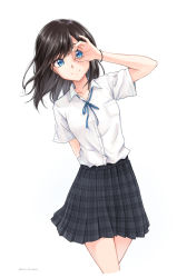 Rule 34 | 1girl, absurdres, arm behind back, bare legs, black hair, black skirt, blouse, blue eyes, bracelet, closed mouth, collarbone, collared shirt, cropped legs, dress shirt, floating hair, highres, jewelry, leaning to the side, long hair, looking at viewer, miniskirt, original, plaid, plaid skirt, pleated skirt, school uniform, see-through, see-through sleeves, setu kurokawa, shirt, short sleeves, simple background, skirt, smile, solo, standing, straight hair, twitter username, white background, white shirt, wing collar
