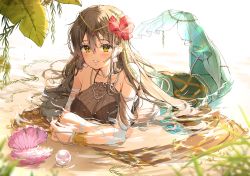 Rule 34 | 1girl, armlet, backlighting, bad id, bad pixiv id, bare shoulders, blush, bracer, breasts, bridal gauntlets, brown hair, circlet, clam shell, collarbone, crop top, earrings, fantasy, fins, flower, gem, glint, gold, h shai, hair between eyes, hair flower, hair ornament, head fins, hibiscus, highres, jewelry, large breasts, long hair, looking at viewer, lying, mermaid, monster girl, necklace, on stomach, original, parted lips, partially submerged, pearl (gemstone), pearl necklace, shell, shell earrings, sidelocks, smile, solo, very long hair, yellow eyes