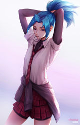 Rule 34 | 1girl, akali, arms up, artist name, bike shorts under skirt, black sleeves, blue hair, cheesewoo, clothes around waist, flat chest, hair intakes, hair tie in mouth, highres, jacket, jacket around waist, league of legends, loose necktie, mouth hold, necktie, official alternate costume, partially unbuttoned, plaid, plaid skirt, ponytail, purple eyes, school uniform, shirt, skirt, solo, star guardian (league of legends), star guardian akali, tying hair, white shirt
