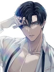 Rule 34 | 1boy, black hair, collarbone, diagonal-striped clothes, diagonal-striped necktie, fujita cafeco, green eyes, highres, lips, looking at viewer, love and deepspace, male focus, necktie, open clothes, open shirt, parted lips, pectorals, shirt, short hair, solo, striped clothes, upper body, white shirt, zayne (love and deepspace)