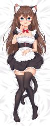Rule 34 | absurdres, animal ear fluff, animal ears, apron, bad id, bad pixiv id, black dress, black thighhighs, blue eyes, breasts, brown hair, cat ears, cat girl, cat tail, dakimakura (medium), detached collar, dress, full body, hand on own stomach, hand to own mouth, highres, legs, long hair, lying, maid, on back, open mouth, original, short dress, smile, solo, susukitten, tail, thighhighs, thighs, waist apron, white apron