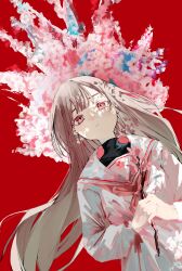 Rule 34 | 1girl, absurdres, black shirt, branch, closed mouth, dappled sunlight, dutch angle, floral background, floral print, flower, from below, highres, holding, holding branch, long hair, maegami (daisuki oekaki1), original, pale skin, pink petals, red background, red eyes, red ribbon, red sailor collar, ribbon, sailor collar, school uniform, serafuku, shirt, sunlight, tree shade, turtleneck, white serafuku