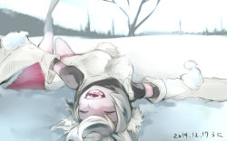 Rule 34 | 1girl, animal ears, detached sleeves, closed eyes, fangs, inubashiri momiji, long sleeves, lying, namauni, on back, on ground, open mouth, shirt, silver hair, skirt, snow, solo, touhou, wide sleeves, wolf ears