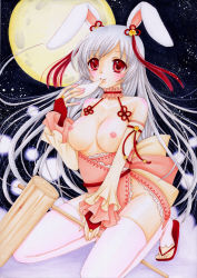 Rule 34 | 1girl, absurdres, animal ears, bare shoulders, blush, body blush, breastless clothes, breasts, bridal gauntlets, choker, detached sleeves, eating, female focus, food, full moon, hair ornament, highres, kine, kneeling, long hair, looking at viewer, mallet, marker (medium), medium breasts, mochi, mocomoco party, moon, nail polish, nipples, no panties, original, paint splatter, paint stains, pink nails, rabbit ears, red eyes, ribbon, sandals, side slit, smile, solo, squatting, tareme, thighhighs, toeless legwear, toeless thighhighs, toes, traditional media, wagashi, white hair, white thighhighs