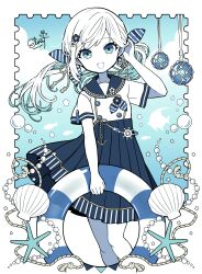 Rule 34 | 1girl, absurdres, anchor ornament, artist name, blue background, blue bow, blue eyes, blue flower, blue sailor collar, blue skirt, bow, buttons, cloud, colored skin, commentary, cropped legs, dot nose, elina (e2n04n), english commentary, fish, flower, flower (symbol), gem, hair bow, hair flower, hair ornament, hand in own hair, highres, holding, holding swim ring, innertube, long hair, looking at viewer, moorish idol, open mouth, original, pearl (gemstone), pleated skirt, rope, rope belt, sailor, sailor collar, sailor shirt, seashell, shell, shirt, shirt bow, short sleeves, signature, skirt, smile, solo, starfish, striped, striped bow, swim ring, thank you, tropical fish, twintails, white flower, white hair, white shirt, white skin