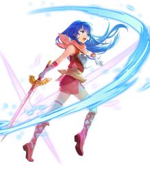 Rule 34 | 1girl, aged down, armor, bare shoulders, blue eyes, blue hair, caeda (fire emblem), dress, female focus, fire emblem, fire emblem: mystery of the emblem, fire emblem heroes, full body, gloves, hakou (barasensou), highres, holding, holding sword, holding weapon, long hair, matching hair/eyes, nintendo, official art, open mouth, short dress, sleeveless, solo, sword, thighhighs, transparent background, weapon, white gloves, white thighhighs