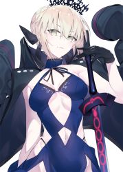 Rule 34 | 1girl, artoria pendragon (alter swimsuit rider) (fate), artoria pendragon (alter swimsuit rider) (third ascension) (fate), artoria pendragon (fate), bare shoulders, black bow, black gloves, black jacket, blonde hair, blue dress, blush, bow, braid, breasts, brown eyes, center opening, closed mouth, clothing cutout, dress, excalibur morgan (fate), fate/grand order, fate (series), french braid, gloves, hair between eyes, hair bow, hair bun, hand up, hayashi kewi, holding, holding sword, holding weapon, jacket, jacket on shoulders, light smile, long hair, looking at viewer, medium breasts, navel, navel cutout, open clothes, open jacket, pale skin, sidelocks, simple background, single hair bun, sleeveless, sleeveless dress, small breasts, smile, solo, sword, tiara, weapon, white background, yellow eyes
