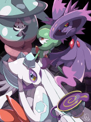 Rule 34 | absurdres, closed mouth, colored sclera, commentary request, covering own mouth, creatures (company), froslass, game freak, gardevoir, gen 3 pokemon, gen 4 pokemon, gen 8 pokemon, grey eyes, hand up, hatterene, highres, looking back, mismagius, nintendo, pokemon, pokemon (creature), red eyes, shabana may, signature, sinistea, watermark, wavy mouth, yellow sclera