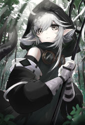 Rule 34 | 1girl, absurdres, arknights, black dress, brown eyes, closed mouth, crocodilian tail, day, detached sleeves, dress, gloves, goggles, goggles around neck, grey gloves, highres, holding, holding staff, hood, hood up, light rays, long sleeves, outdoors, pale skin, partially fingerless gloves, pointy ears, short hair, silver hair, solo, staff, sunbeam, sunlight, tail, tomimi (arknights), upper body, uryu (uryu0329)