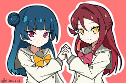 Rule 34 | 2girls, blunt bangs, bow, bowtie, dated, grey sailor collar, hair between eyes, hair bun, half updo, highres, holding hands, interlocked fingers, long hair, long sleeves, looking at viewer, love live!, love live! sunshine!!, multiple girls, oofushi ao, outline, red background, red bow, red bowtie, red eyes, red hair, sailor collar, sakurauchi riko, shirt, sidelocks, signature, single side bun, tsushima yoshiko, upper body, v-shaped eyebrows, white outline, white shirt, yellow bow, yellow bowtie, yellow eyes