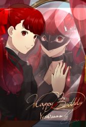 Rule 34 | 2girls, aznmeee, black choker, black jacket, black mask, black ribbon, bow, choker, closed mouth, collarbone, commentary request, curtains, different reflection, dual persona, english text, female focus, from behind, gloves, grin, hair bow, hair ribbon, happy birthday, highres, index finger raised, jacket, lips, long hair, long sleeves, looking at viewer, mask, masked, matching hair/eyes, mirror, mirror image, multiple girls, open clothes, open jacket, parted lips, persona, persona 5, persona 5 the royal, pink lips, ponytail, red bow, red eyes, red gloves, red hair, reflection, ribbon, school uniform, shuujin academy school uniform, signature, smile, uniform, upper body, yoshizawa kasumi