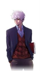 Rule 34 | 1boy, black pants, blue jacket, book, brown eyes, closed mouth, dr. frost, frost (dr. frost), highres, jacket, long hair, open clothes, open jacket, pants, red sweater, shirt, simple background, solo, sweater, webtoon, white background, white hair, white shirt
