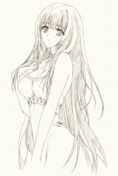 Rule 34 | 1girl, blush, bow, breasts, carnelian, cleavage, cowboy shot, dress, large breasts, long hair, looking at viewer, miya (carnelian), neck ribbon, original, paper texture, parted lips, ribbon, sketch, sleeveless, sleeveless dress, solo, standing
