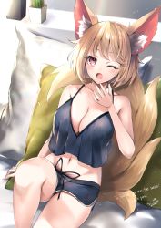 Rule 34 | 1girl, absurdres, bare shoulders, black shorts, blonde hair, blush, breasts, brown eyes, camisole, cleavage, collarbone, crop top, crop top overhang, grey camisole, hane yuki, highres, knee up, large breasts, looking at viewer, navel, one eye closed, open mouth, original, short hair, short shorts, shorts, sitting, solo, thighs, yawning