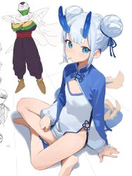 Rule 34 | 1boy, 1girl, bare legs, barefoot, blue dress, blue eyes, blue hair, chinese clothes, colored skin, crossed arms, double bun, dragon ball, dragon girl, dragon horns, dragon tail, dragonball z, dress, green skin, hair bun, highres, horns, indian style, light blue hair, looking at viewer, mouth hold, original, piccolo, sitting, sketch, tail, turban, wuju (1198979953)