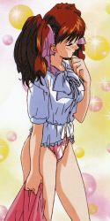 Rule 34 | 1990s (style), 1girl, asahina yurina, blouse, blush, cowboy shot, hand on own chin, holding, holding clothes, holding skirt, long hair, non-web source, official art, panties, pink panties, red hair, retro artstyle, shirt, short sleeves, skirt, unworn skirt, solo, super real mahjong, tanaka ryou, twintails, underwear