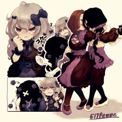Rule 34 | 4girls, 517pomme, barbara (shadows house), barbie (shadows house), black dress, black hair, blue bow, blush, bow, brown hair, crying, dancing, dress, flower, frown, grey hair, hair bow, hair flower, hair ornament, hand on another&#039;s waist, highres, maryrose (shadows house), multiple girls, open mouth, purple eyes, purple flower, purple footwear, rosemary (shadows house), shadow (shadows house), shadows house, footwear flower, smile, white flower, yuri