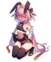 Rule 34 | 1boy, absurdres, animal ears, astolfo (fate), astolfo (saber) (fate), bad id, bad twitter id, bare shoulders, black bow, black gloves, black legwear, black neckwear, black ribbon, bow, bowtie, bulge, covered erect nipples, fang, fate/grand order, fate (series), gloves, hair intakes, heart, heart-shaped pupils, highres, long hair, low twintails, male focus, midriff, multicolored hair, navel, pink hair, purple eyes, rabbit ears, ribbon, simple background, skin fang, skirt, smile, streaked hair, symbol-shaped pupils, thighhighs, trap, tubumi, twintails, white background, white hair, wing collar