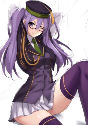 Rule 34 | 1girl, aiguillette, akatsuki ikki, arms behind head, arms up, breasts, buttons, capelet, closed mouth, dress shirt, fate/grand order, fate (series), glasses, green necktie, hair between eyes, hat, highres, hip focus, knee up, long hair, long sleeves, looking at viewer, melty blood, necktie, one eye closed, pleated skirt, purple eyes, purple hair, purple thighhighs, purple vest, shirt, sion eltnam atlasia, sitting, skirt, smile, solo, tassel, thighhighs, thighs, tsukihime, twintails, vest, white background, white skirt