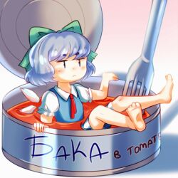 Rule 34 | 1girl, :&lt;, barefoot, blue dress, blue eyes, blue hair, blush, bow, can, canned food, cirno, collared shirt, commentary, dress, dungeon toaster, fork, full body, hair bow, highres, ice, ice wings, neck ribbon, red ribbon, ribbon, russian commentary, russian text, shirt, short hair, solo, tomato sauce, touhou, translated, white shirt, wings