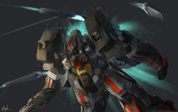 Rule 34 | artist name, atsajh, flying, funnels (gundam), glowing, glowing eyes, gun, highres, holding, holding gun, holding weapon, looking to the side, mecha, no humans, red eyes, robot, solo, space, super robot wars, super robot wars v, vangnex, weapon