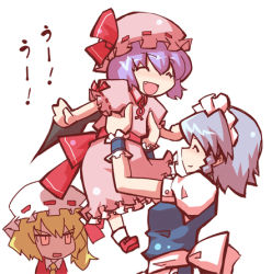 Rule 34 | 3girls, angry, blonde hair, chibi, closed eyes, fang, female focus, flandre scarlet, hat, houroku, izayoi sakuya, jealous, lifting person, lowres, maid, maid headdress, multiple girls, open mouth, purple hair, remilia scarlet, short hair, silver hair, touhou, wings