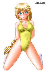 Rule 34 | 1girl, arms behind back, blonde hair, blush, breasts, clothes writing, collarbone, covered erect nipples, green eyes, high heels, highleg, highleg swimsuit, highres, kneeling, large breasts, long hair, looking at viewer, one-piece swimsuit, onna kishi no shiro, open mouth, shoes, sweat, swimsuit, tears, white background, white footwear, yellow one-piece swimsuit
