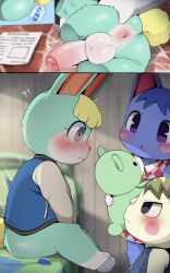 !? 1girl 3boys animal_crossing animal_ears anus artificial_vagina ass_juice bed blonde_hair blue_hair blush blush_stickers bottomless cat_ears constricted_pupils dagashi_(daga2626) eyelashes fang_(animal_crossing) foreskin from_side furry grabbing_another&#039;s_ass grey_eyes groping highres indoors interspecies jacket large_penis looking_at_another marshal_(animal_crossing) multiple_boys nintendo open_mouth penis perineum phimosis precum purple_eyes rabbit_ears rabbit_tail rosie_(animal_crossing) sasha_(animal_crossing) sex_toy sitting skirt spread_anus stuffed_toy sweat testicles trap uncensored yaoi