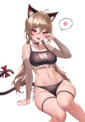 Rule 34 | 1girl, :d, absurdres, ahoge, animal ear fluff, animal ears, arm support, bikini, black bikini, blonde hair, bow, cat ears, cat tail, character request, commission, detached sleeves, dungeon and fighter, fang, frilled bikini, frills, hand up, heart, highres, iamahri1994, long hair, looking at viewer, low twintails, navel, open mouth, pixiv commission, pointy ears, red bow, red eyes, see-through, see-through sleeves, sidelocks, simple background, sitting, skin fang, smile, solo, spoken heart, stomach, swimsuit, tail, tail bow, tail ornament, thigh strap, twintails, white background