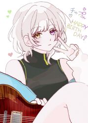 Rule 34 | 1girl, 72 (mi5 o en), absurdres, bang dream!, bang dream! it&#039;s mygo!!!!!, bare legs, black shirt, closed mouth, commentary, electric guitar, english commentary, english text, expressionless, guitar, happy birthday, heart, heterochromia, highres, holding, holding guitar, holding instrument, instrument, kaname raana, looking at viewer, medium hair, purple eyes, shirt, sitting, sleeveless, sleeveless shirt, solo, v, white hair, yellow eyes