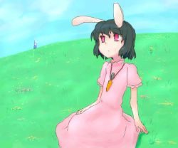 Rule 34 | 1girl, 7c, animal ears, black hair, blush, carrot necklace, collar, day, female focus, field, full body, grass, inaba tewi, kneeling, looking afar, necklace, outdoors, plant, puffy short sleeves, puffy sleeves, rabbit ears, red eyes, reisen udongein inaba, short hair, short sleeves, solo, touhou