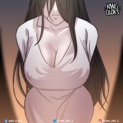 1girl arms_behind_back artist_name breasts cleavage commentary covered_erect_nipples curvy dress facebook_username hair_over_eyes hashtag-only_commentary head_tilt highres huge_breasts instagram_username kang_cilok&#039;s light_frown pale_skin signature solo the_ring twitter_username upper_body white_dress yamamura_sadako