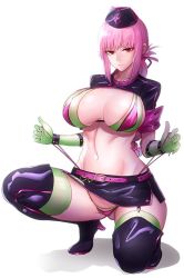 Rule 34 | 1girl, belt, bikini, bikini pull, boots, braid, breasts, cleavage, closed mouth, clothes pull, commentary, cropped jacket, fate/grand order, fate (series), florence nightingale (fate), florence nightingale (trick or treatment) (fate), frontal wedgie, gloves, green bikini, green gloves, green thighhighs, hat, high heel boots, high heels, large breasts, latex, latex gloves, layered bikini, microskirt, minami koyogi, navel, nurse, nurse cap, official alternate costume, on one knee, panties, panty pull, pink belt, pink hair, purple bikini, revealing clothes, ribbon, shrug (clothing), simple background, skirt, solo, squatting, stomach, swimsuit, thighhighs, thighs, underwear, wedgie, white background