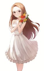 Rule 34 | 1girl, amanoyui, bad id, bad pixiv id, bare arms, bare shoulders, bouquet, bow, breasts, brown eyes, brown hair, closed mouth, collarbone, commentary request, dress, flower, forehead, frilled dress, frills, hairband, highres, holding, holding bouquet, idolmaster, idolmaster (classic), idolmaster million live!, idolmaster million live! theater days, long hair, looking at viewer, minase iori, pleated dress, red flower, red rose, rose, simple background, sleeveless, sleeveless dress, small breasts, smile, solo, very long hair, white background, white bow, white dress, white flower, white hairband, yellow flower, yellow rose