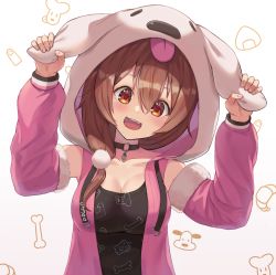 Rule 34 | 1girl, :3, :d, animal hood, arms up, black choker, black shirt, blush, breasts, brown eyes, brown hair, choker, commentary request, detached sleeves, hair between eyes, head tilt, highres, hololive, hood, hood up, hooded jacket, inugami korone, inugami korone (loungewear), jacket, large breasts, long hair, long sleeves, looking at viewer, official alternate costume, open clothes, open jacket, open mouth, pink jacket, print shirt, puffy long sleeves, puffy sleeves, shirt, simple background, smile, solo, teeth, upper body, upper teeth only, virtual youtuber, woogi (duguddnr)