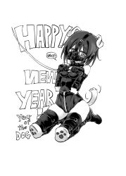 Rule 34 | animal ears, bdsm, bondage, bound, breasts, collar, dog ears, dog tail, frogtie, greyscale, happy new year, highres, kinbakuman, kneeling, m-chan (kinbakuman), mask, monochrome, new year, original, pet play, piddlefours, slave, small breasts, solo, swimsuit, tail