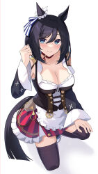 Rule 34 | 1girl, absurdres, animal ears, bare shoulders, black dress, black hair, blue eyes, blush, breasts, closed mouth, commentary request, detached sleeves, dirndl, dress, ear ornament, eishin flash (umamusume), frilled dress, frills, german clothes, hair between eyes, hand on own thigh, highres, horse ears, horse girl, horse tail, jyujo niton, kneeling, large breasts, looking at viewer, short hair, solo, tail, umamusume, white background