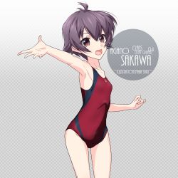 Rule 34 | 1girl, anchor symbol, antenna hair, armpits, artist name, character name, checkered background, collarbone, commentary request, competition swimsuit, cowboy shot, eyes visible through hair, flat chest, gradient background, grey background, hair between eyes, inaba shiki, kantai collection, logo, looking at viewer, multicolored clothes, multicolored swimsuit, one-hour drawing challenge, one-piece swimsuit, purple eyes, purple hair, red one-piece swimsuit, sakawa (kancolle), short hair, simple background, solo, striped clothes, striped one-piece swimsuit, swimsuit, vertical-striped clothes, vertical-striped one-piece swimsuit