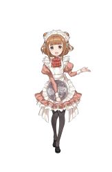 Rule 34 | 1girl, :d, apron, beatrice (princess principal), black footwear, black pantyhose, blunt bangs, brown eyes, brown hair, double bun, full body, hair bun, highres, holding, holding tray, looking at viewer, maid, maid apron, maid headdress, medium hair, official art, open mouth, pantyhose, pink skirt, princess principal, princess principal game of mission, shoes, skirt, smile, solo, standing, transparent background, tray
