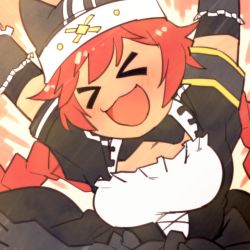 Rule 34 | &gt; &lt;, 1girl, animal hat, arms up, artist request, blush, braid, breasts, collar, dark skin, dark-skinned female, detached sleeves, female focus, frills, hat, long sleeves, lupusregina beta, maid, open mouth, overlord (maruyama), puffy sleeves, red hair, smile, solo, twin braids