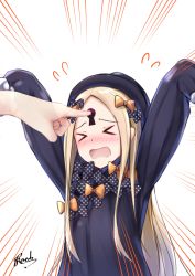 Rule 34 | &gt; &lt;, 1girl, abigail williams (fate), absurdres, arms up, bee doushi, black bow, black dress, black hat, blonde hair, blush, bow, closed eyes, dress, emphasis lines, fate/grand order, fate (series), flying sweatdrops, hair bow, hat, highres, keyhole, long hair, long sleeves, looking at viewer, nose blush, orange bow, out of frame, parted bangs, polka dot, polka dot bow, signature, sleeves past wrists, solo focus, very long hair, white background, x-ray