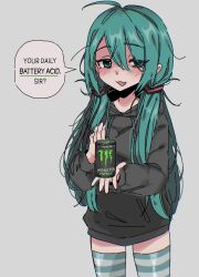 Rule 34 | 1girl, :d, ahoge, alternate hairstyle, aqua hair, black hoodie, blush, can, drawstring, english text, fang, green thighhighs, grey background, half-closed eyes, hatsune miku, highres, holding, holding can, hood, hood down, hoodie, long hair, looking at viewer, messy hair, monster energy, open mouth, simple background, skin fang, smile, snale, solo, speech bubble, striped clothes, striped thighhighs, thighhighs, twintails, upper body, very long hair, vocaloid, white thighhighs
