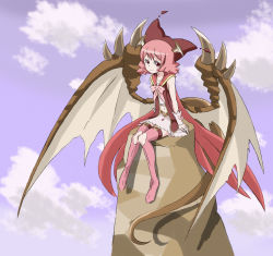 Rule 34 | 1girl, arnval (artist), bahamut (zettai bouei leviathan), boots, bow, dragon girl, dragon tail, dragon wings, hat, head wings, monster girl, navel, pink footwear, pink hair, red eyes, short hair, solo, tail, wings, zettai bouei leviathan