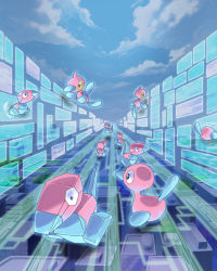 Rule 34 | bird, blue sky, building, cloud, cloudy sky, commentary request, creature, creatures (company), d-nezumi, day, evolutionary line, floating, game freak, gen 1 pokemon, gen 2 pokemon, gen 4 pokemon, highres, horns, nintendo, no humans, outdoors, pokemon, pokemon (creature), porygon, porygon-z, porygon2, single horn, sky, virtual reality