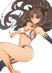 Rule 34 | 1girl, anklet, bare shoulders, black ribbon, blue gloves, blue thighhighs, breasts, brown hair, cleavage, crown, elbow gloves, fate/grand order, fate (series), gloves, hair ribbon, ishtar (fate), jewelry, long hair, looking at viewer, medium breasts, navel, red eyes, ribbon, simple background, single thighhigh, solo, thighhighs, tsuki suigetsu, two side up, very long hair, white background