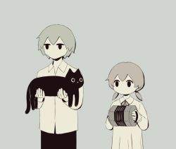 Rule 34 | 1boy, 1girl, animal, avogado6, black cat, cat, collared shirt, commentary, concertina, expressionless, grey background, holding, holding animal, holding cat, holding instrument, instrument, jitome, long sleeves, low twintails, muted color, neck ribbon, no mouth, original, ribbon, shirt, short hair, simple background, standing, twintails, white shirt, wing collar
