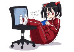 Rule 34 | 10s, 1girl, black hair, blush, chair, handheld game console, hiraga matsuri, holding, jacket, love live!, love live! school idol project, office chair, open mouth, pants, rectangle, red eyes, shadow, simple background, socks, solo, sweatdrop, swivel chair, teeth, track jacket, track pants, track suit, trembling, twintails, white background, white socks, yazawa nico