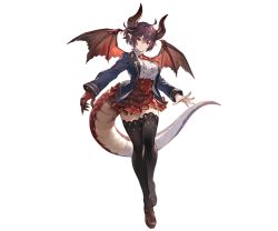Rule 34 | 1girl, black thighhighs, blazer, breasts, brown hair, dragon horns, dragon tail, dragon wings, full body, granblue fantasy, grea (shingeki no bahamut), horns, jacket, large breasts, long sleeves, looking at viewer, minaba hideo, official art, pointy ears, red eyes, shingeki no bahamut, shirt, shoes, short hair, skirt, solo, standing, tail, thighhighs, transparent background, white shirt, wings, zettai ryouiki