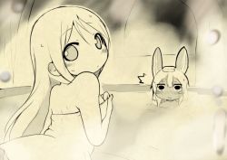 Rule 34 | ^^^, 2girls, animal ears, bare arms, bare shoulders, blush, closed mouth, commentary request, furry, hair between eyes, long hair, looking at viewer, made in abyss, monochrome, multiple girls, naked towel, nanachi (made in abyss), nejime, partially submerged, riko (made in abyss), sepia, steam, sweatdrop, towel, towel on head, water